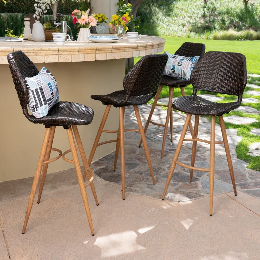 Laryn Outdoor Wicker Wood Barstool (Set of 4) by Christopher Knight Home