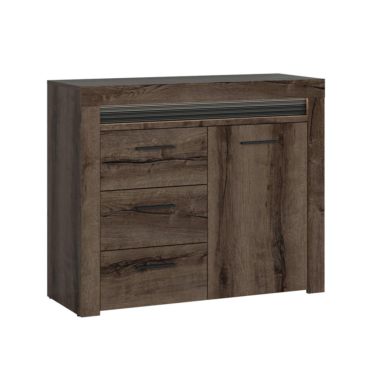 - Buffet 1 porte 3 tiroirs LED inclus panneaux agglomérés naturel foncé