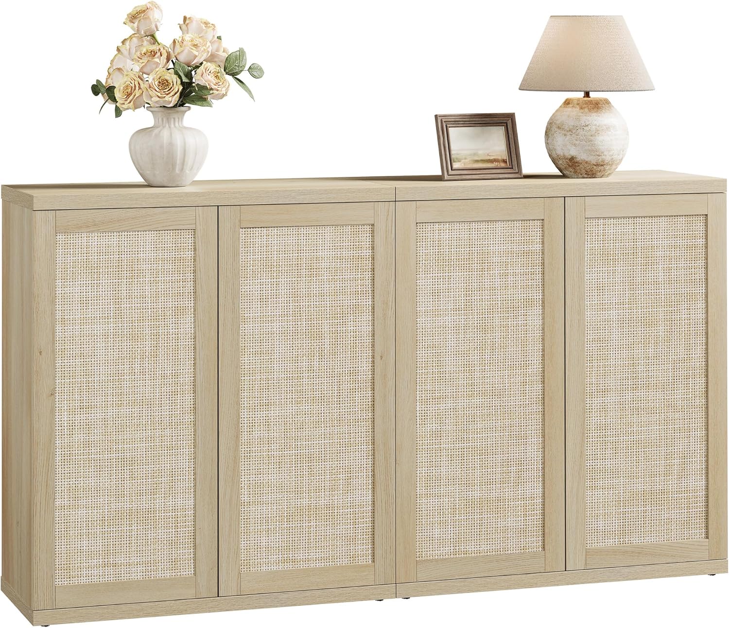 SICOTAS Rattan Sideboard Buffet Storage Cabinet - 2 Pieces Boho Coffee Bar Console Cabinet with Storage & Adjustable Shelves, Farmhouse Large Credenza Stand for Living Room, Hallway, Kitchen