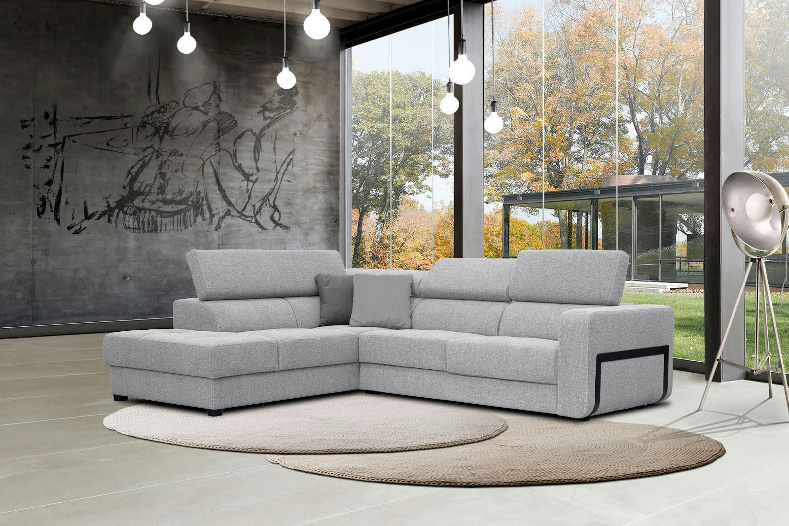 BERGO - Canapé d'angle gauche 5 places en tissu gris clair avec coussins déco