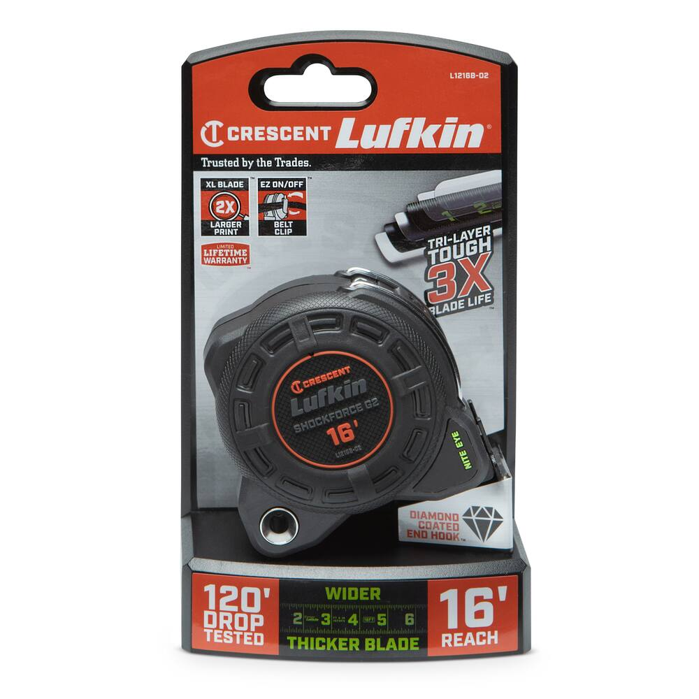 Lufkin Shockforce G2 Nite Eye Tape Measure, 16-ft