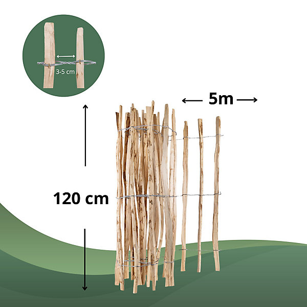 Creative Home Clôture en Bois de Noisetier - 120 cm x 5 m - Clôture en Rouleau avec Espacement de 3-5 cm - Bordure de Jardin