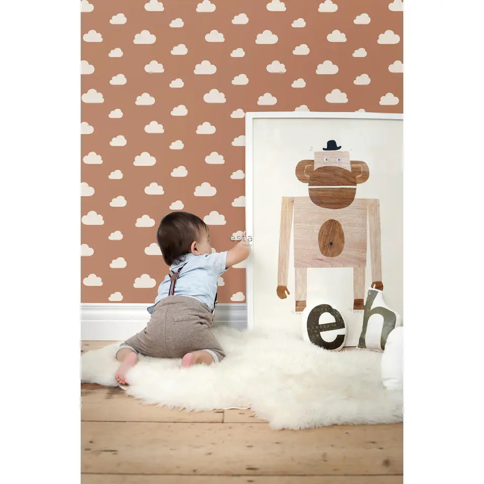 ESTAhome behang wolkjes terracotta en wit - 53 cm x 10.05 m