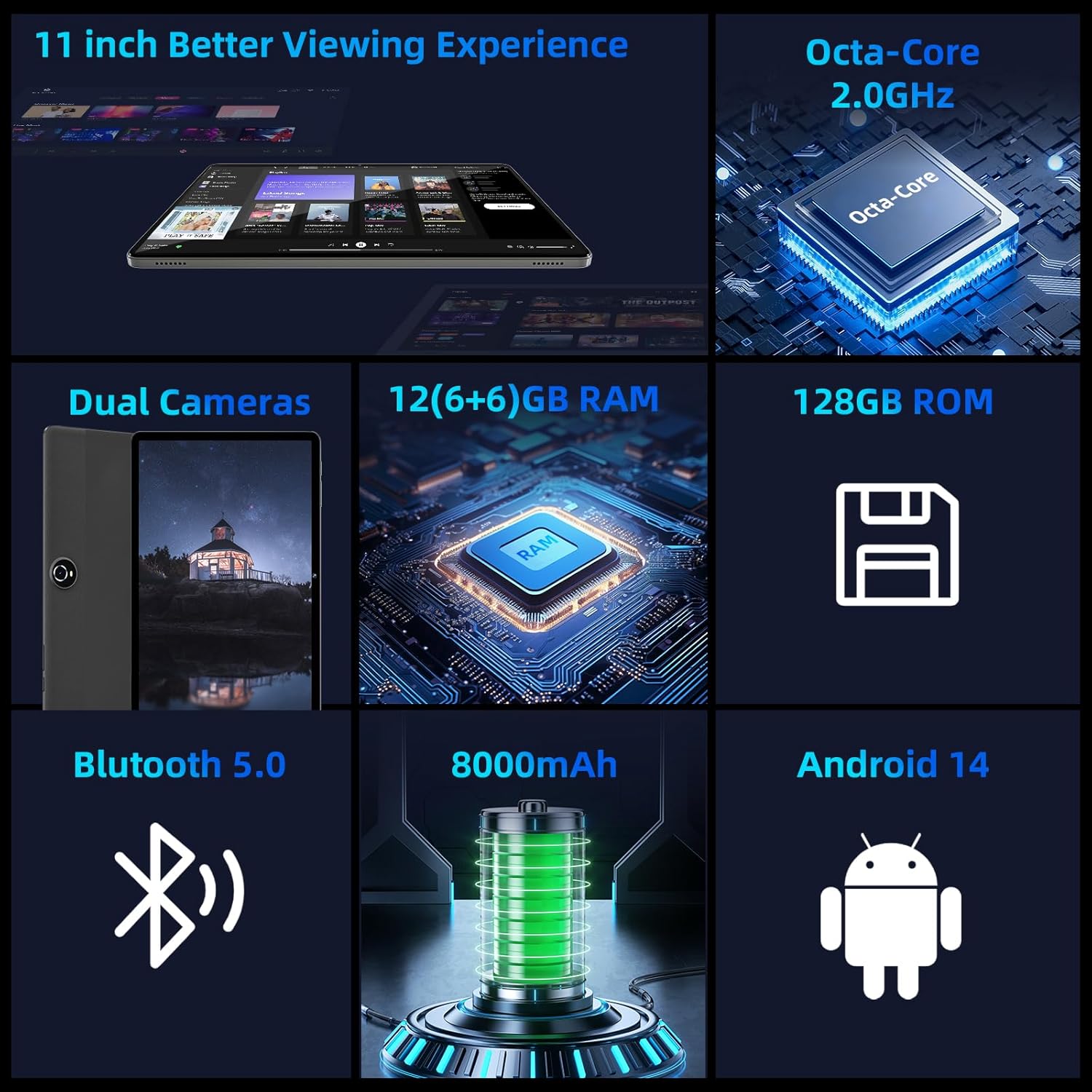 COLORROOM 2026 Android 16 Tablet 11inch, Face Unlock, 18W Fast Charging, 32GB+128GB+1TB Expand, Octa-core CPU, 8000mAh Large Battery, WiFi6, Touchscreen Display, Widevine L1 Tableta, Black