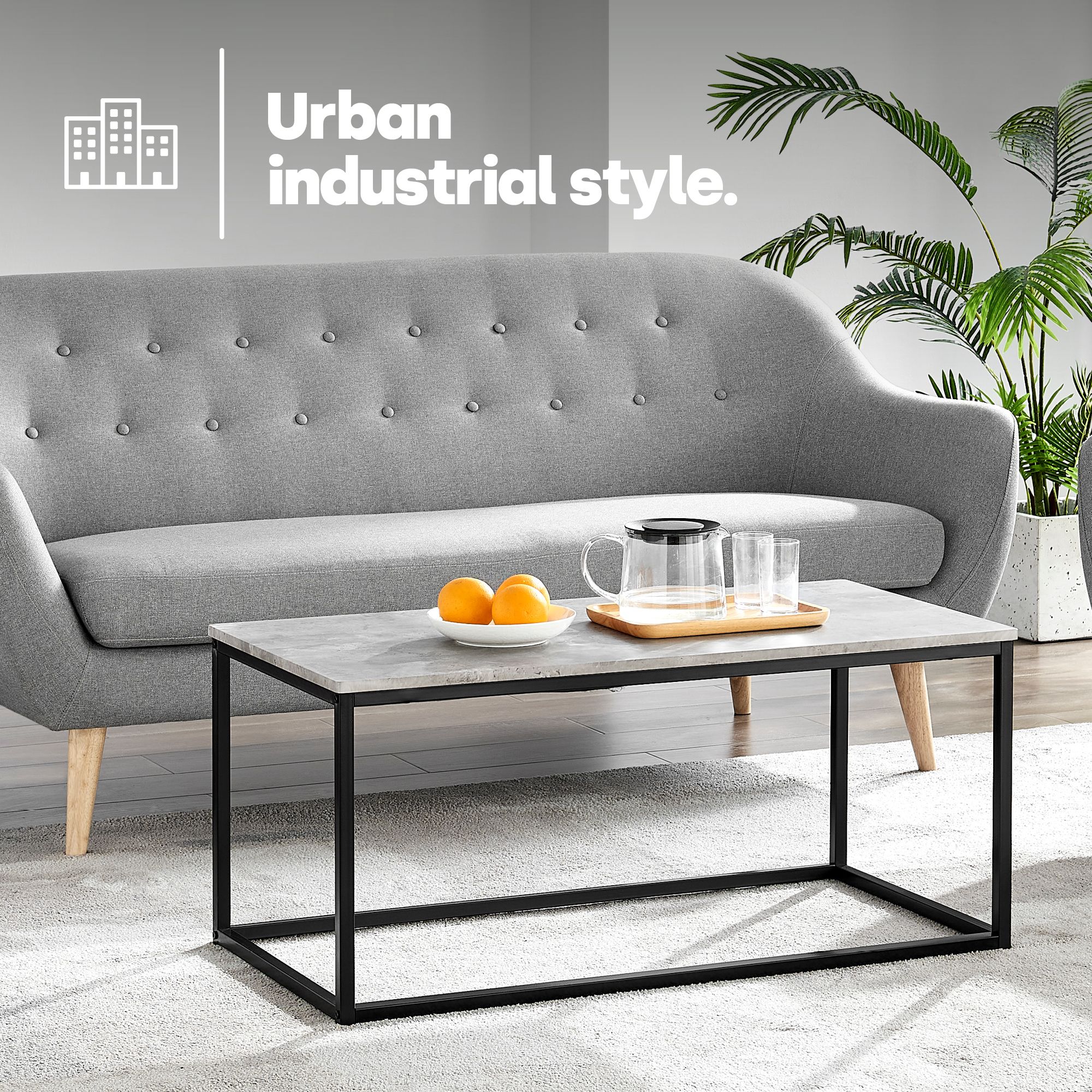 LIVIVO Industrial Concrete Effect Coffee Table Grey Metal Frame