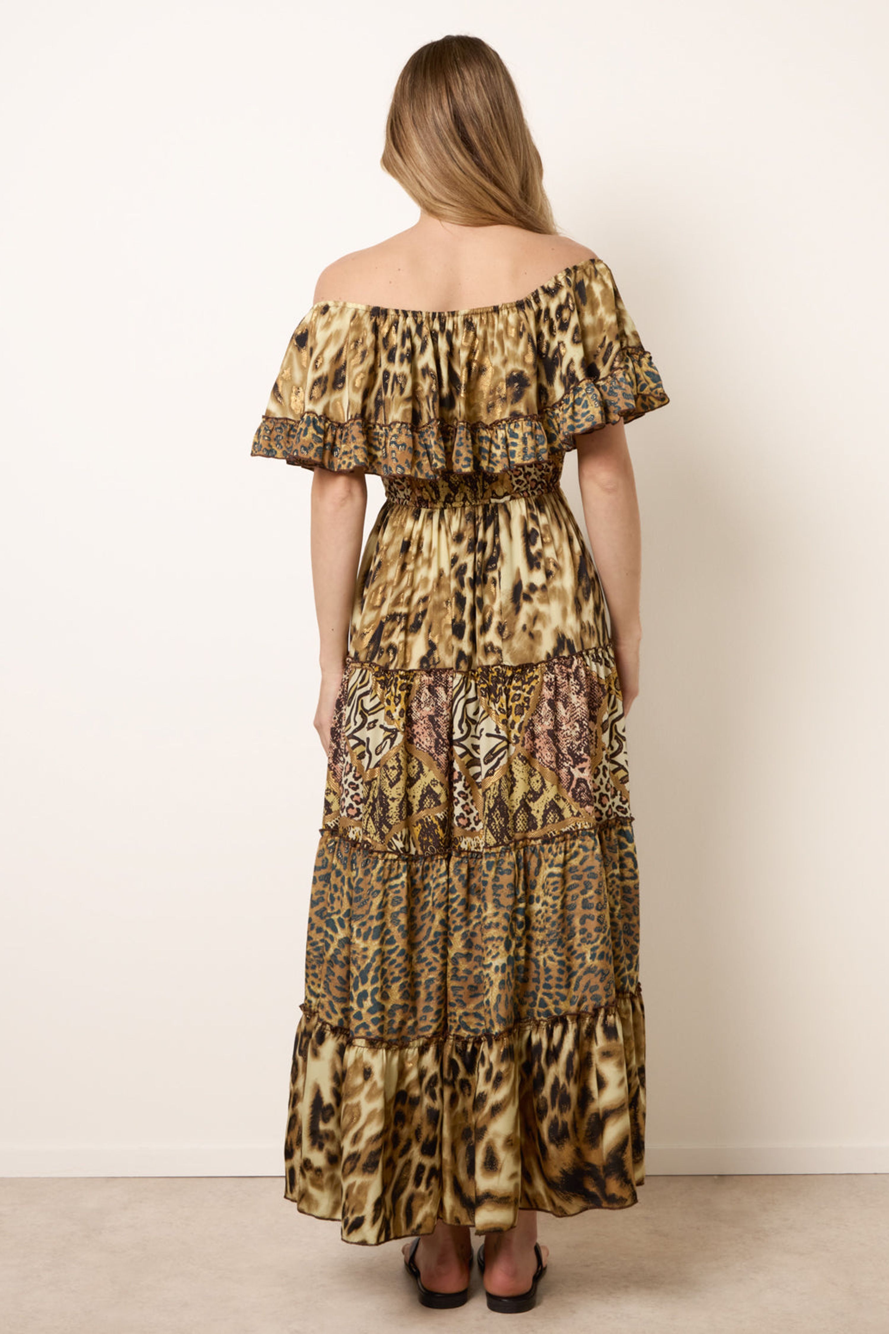 Blue Vanilla Brown Animal Print Off The Shoulder Maxi Tiered Dress