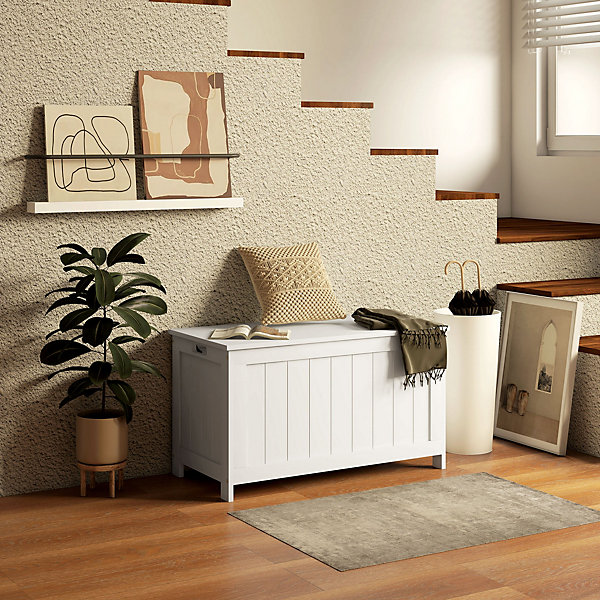 Coffre de rangement avec poignée et couvercle, 81 x 40 x 46 cm, boîte de rangement pour salon et chambre, blanc