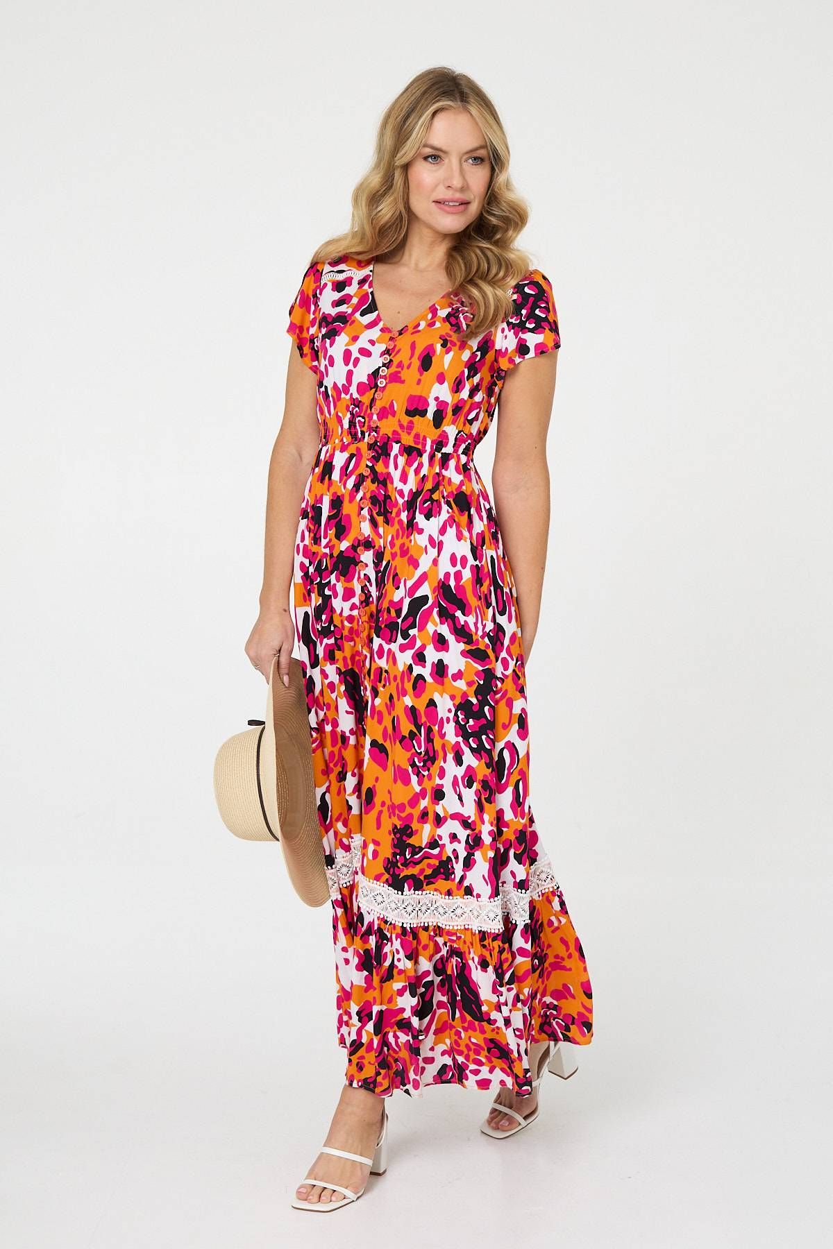 Izabel London Animal Print Lace Trim V-Neck Maxi Dress