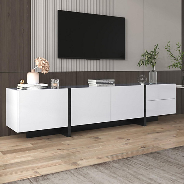 Meuble TV bas 190 cm avec LED, portes et tiroirs, cadre doré, plateau marbre blanc