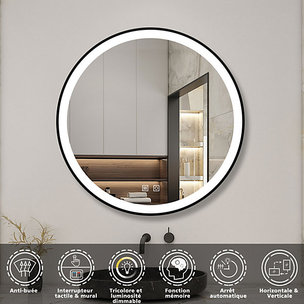 Miroir de salle de bain LED rond 60 cm avec cadre noir, tricolore   anti-buée   mémoire   gradation infinie, AICA SANITAIRE