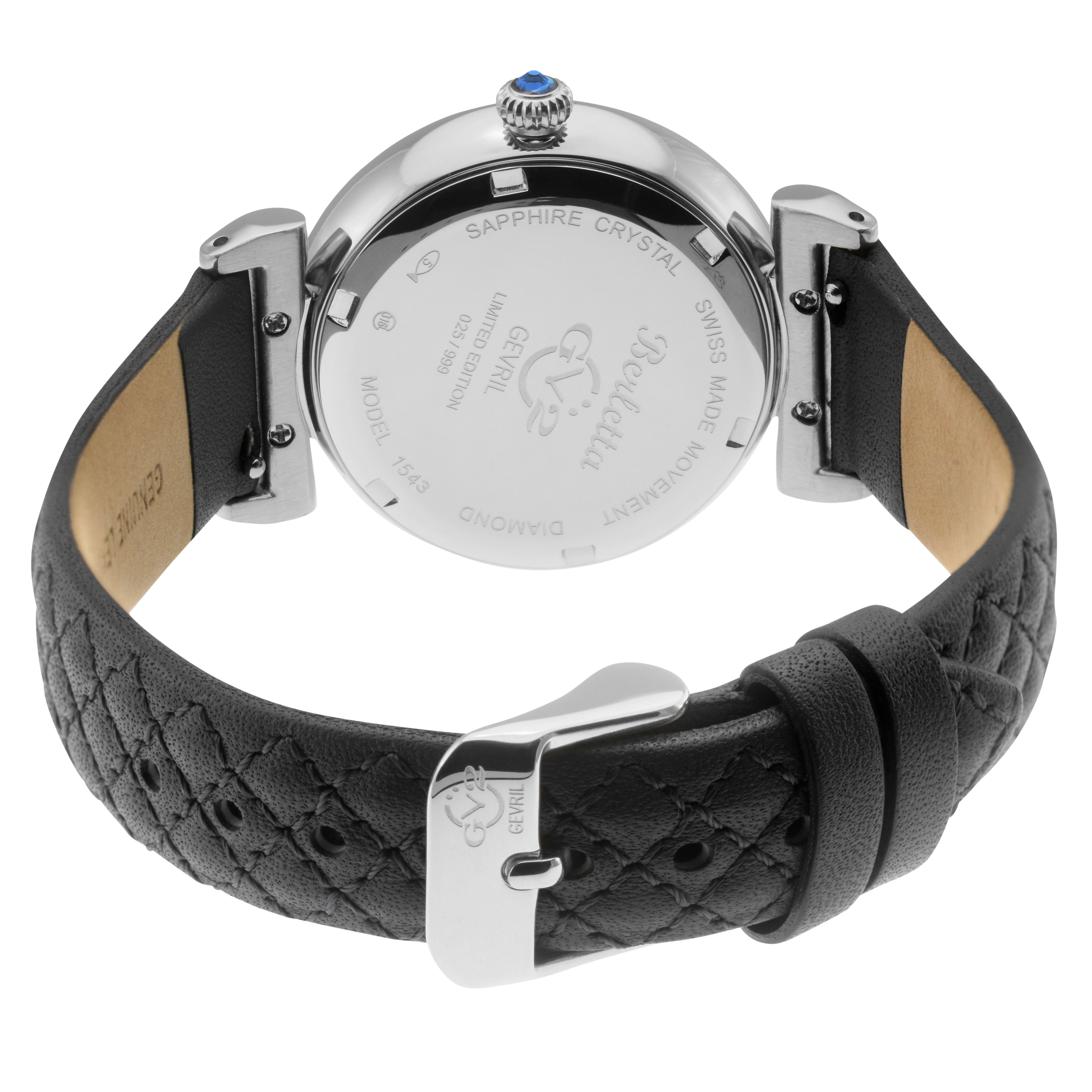 GV2 Berletta Swiss Quartz Daimond 316L Stainless Steel Case, Black Dial, Black Handmade Quilted Leather Watch