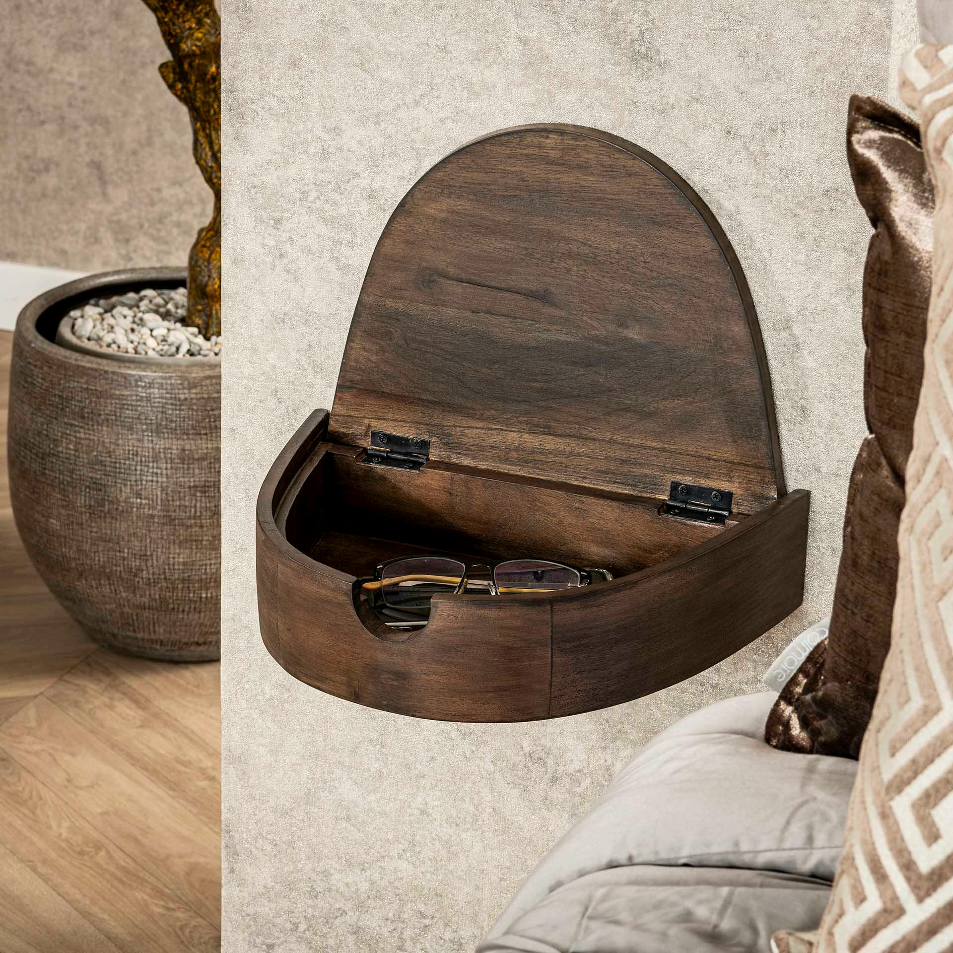 Table de nuit murale bois brun, tiroir demi-lune (x2) NAKO