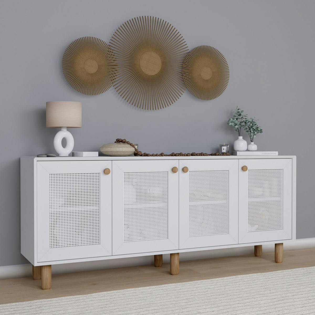 Buffet salle à manger blanc moderne, 4 portes cannage VAREN