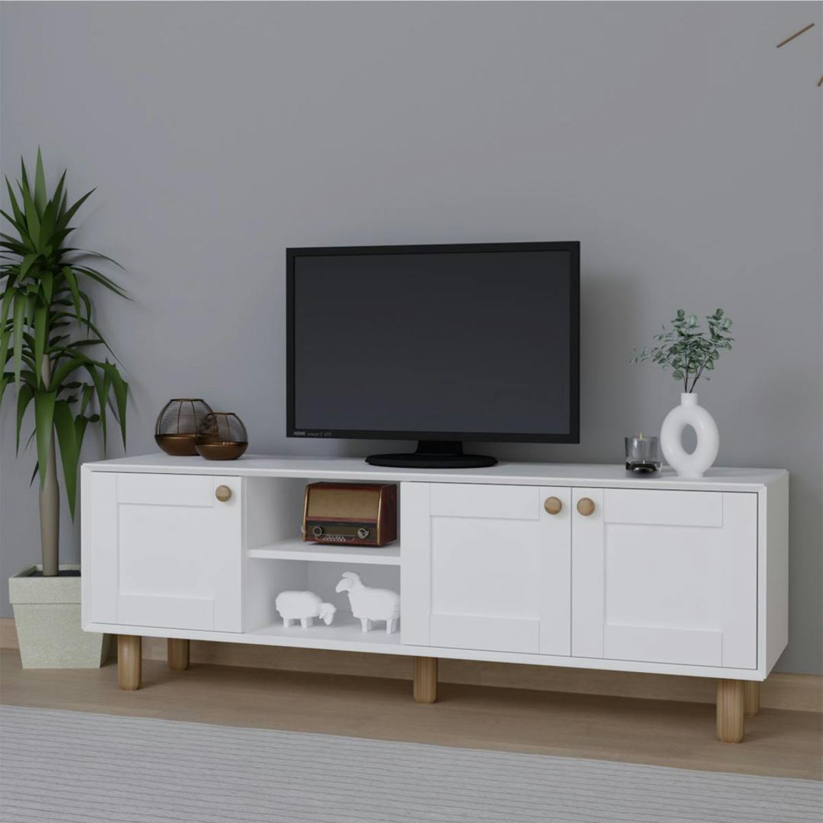 Meuble TV blanc, 3 portes à cadre et 2 niches VAREN