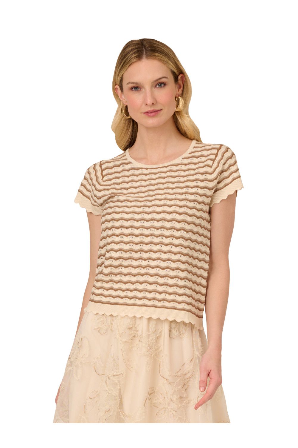 Adrianna Papell Crew Neck Pointelle Wavy Striped Scalloped Edge Sweater