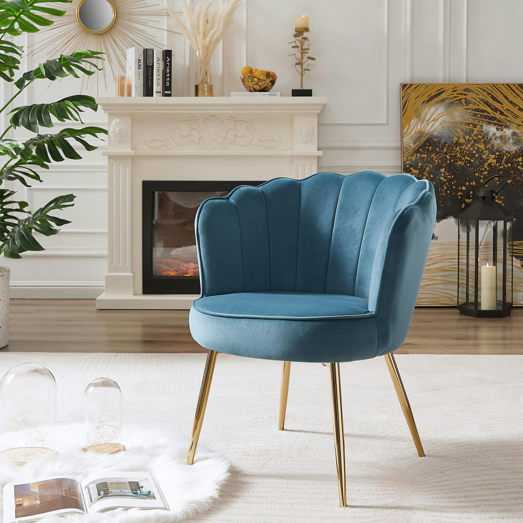 CALLISTA - Fauteuil  en velours bleu avec pieds doré