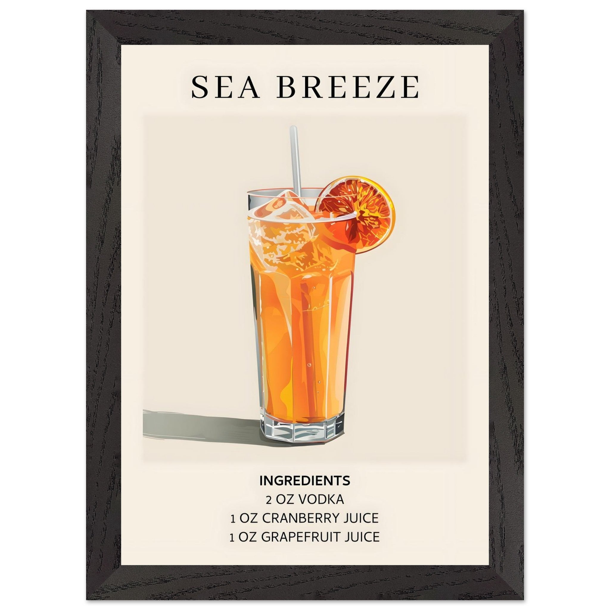 Artfulprints Poster met Lijst Sea Breeze cocktail - Ingrediënten  - A4 21x29.7 cm - Oranje