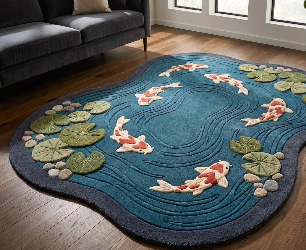 Hand Tufted Koi Pond Rug, Blue Fish Area Rug, Japanese Garden Carpet, Lily Pad Water Rug, Handmade Living Room Decor