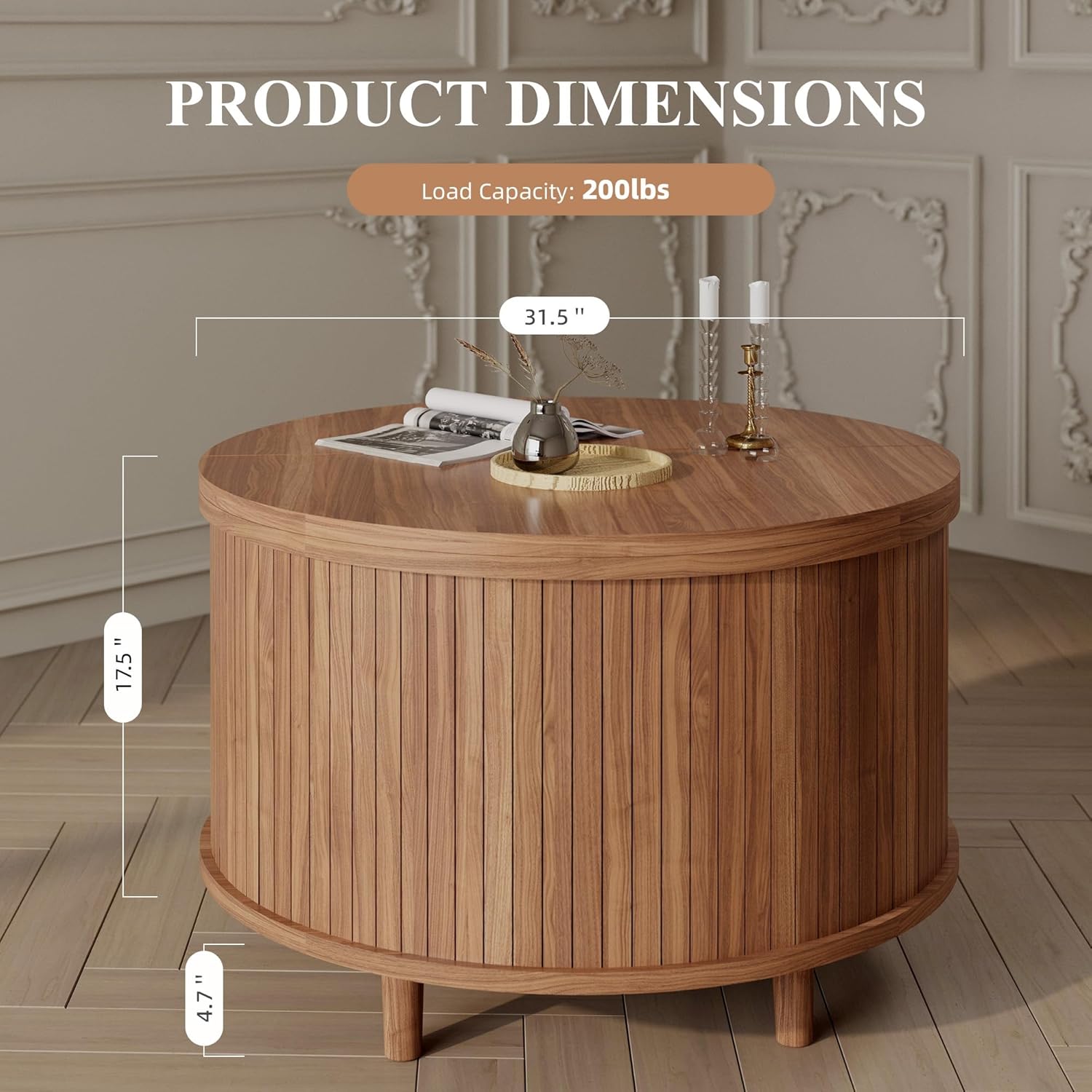 Easyego Fluted Round Coffee Table with Hidden Storage, 31.5 Mid-Century Modern Wood Drum Table for Living Room, Small Space Apartment Furniture, Walnut