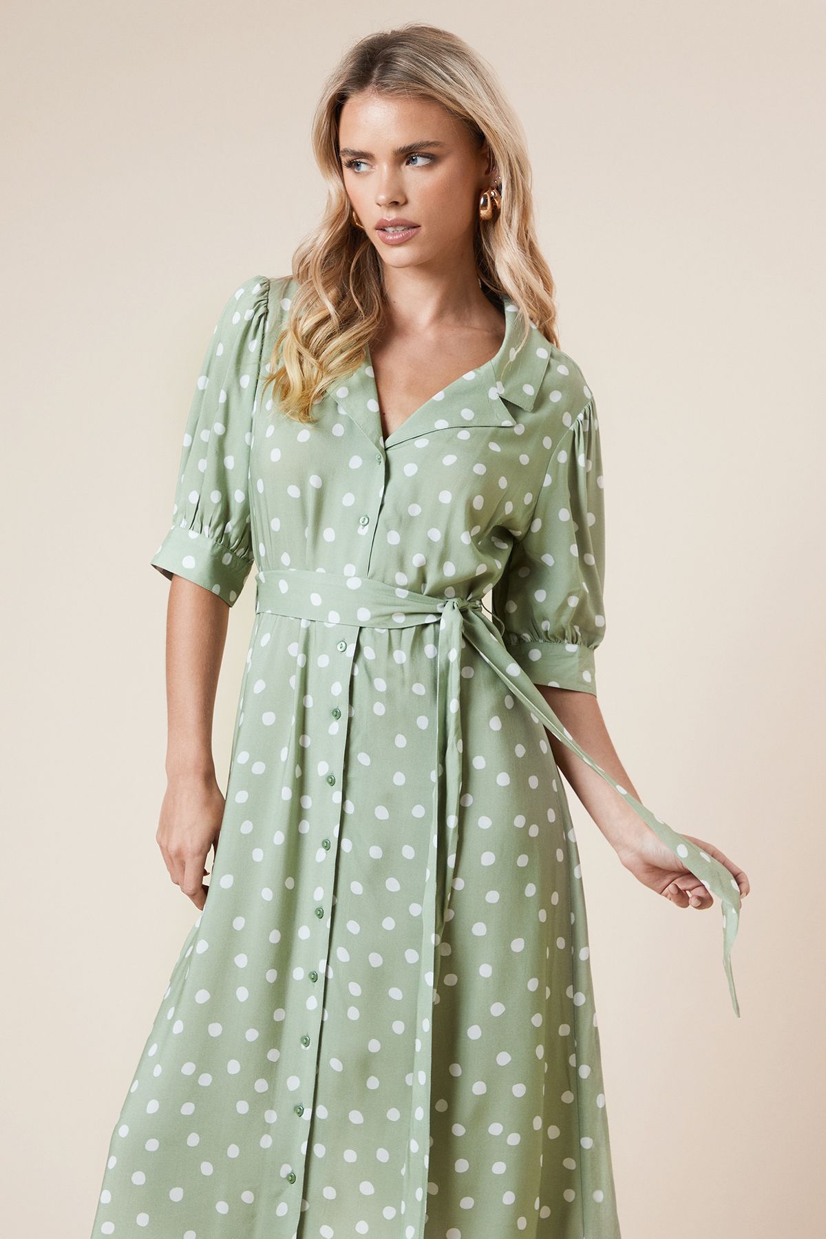 Dorothy Perkins Petite Green Spot Belted Puff Sleeve Shirt Dress