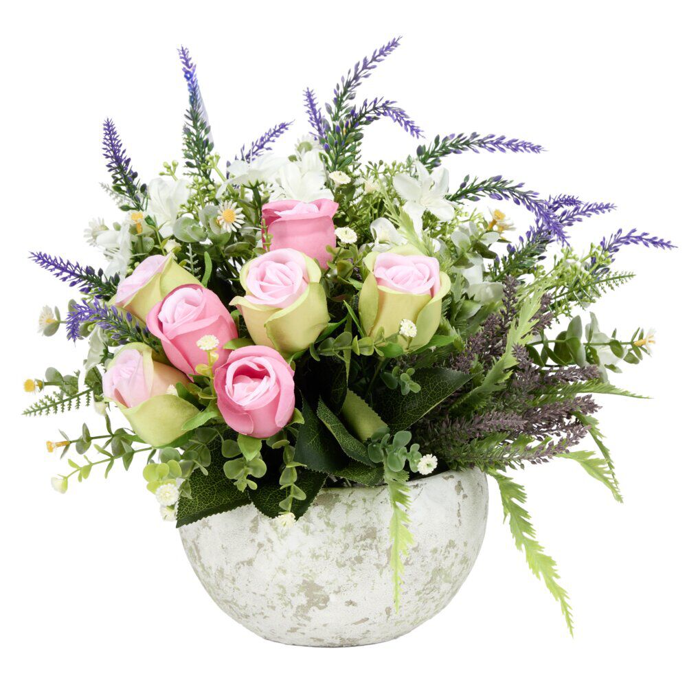 Vasque ciment roses bruyère et gypsophile Ø33xH32cm (4 modèles)