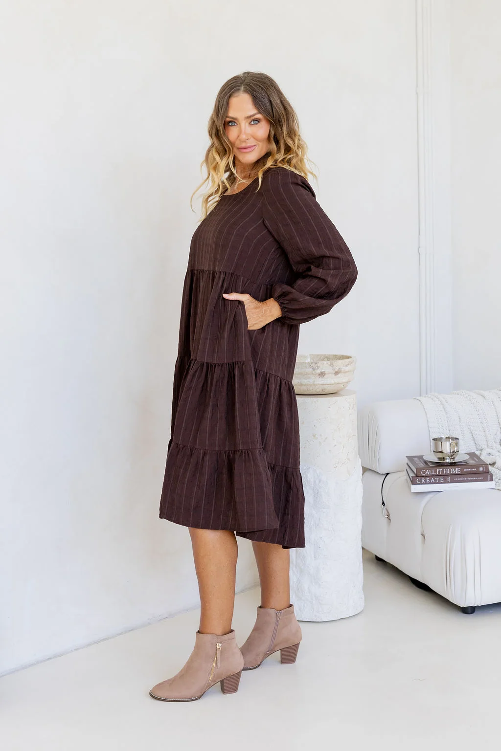 Long Sleeve Greta Midi Dress in Chocolate