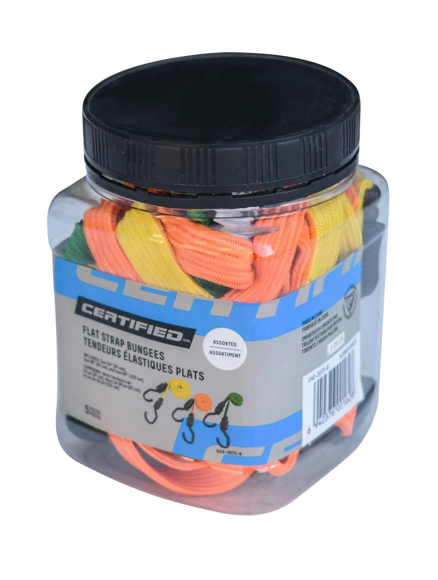 Certified Flat Strap Bungee Cord Kit, for Light Duty Use, Assorted Sizes, 5-pk
