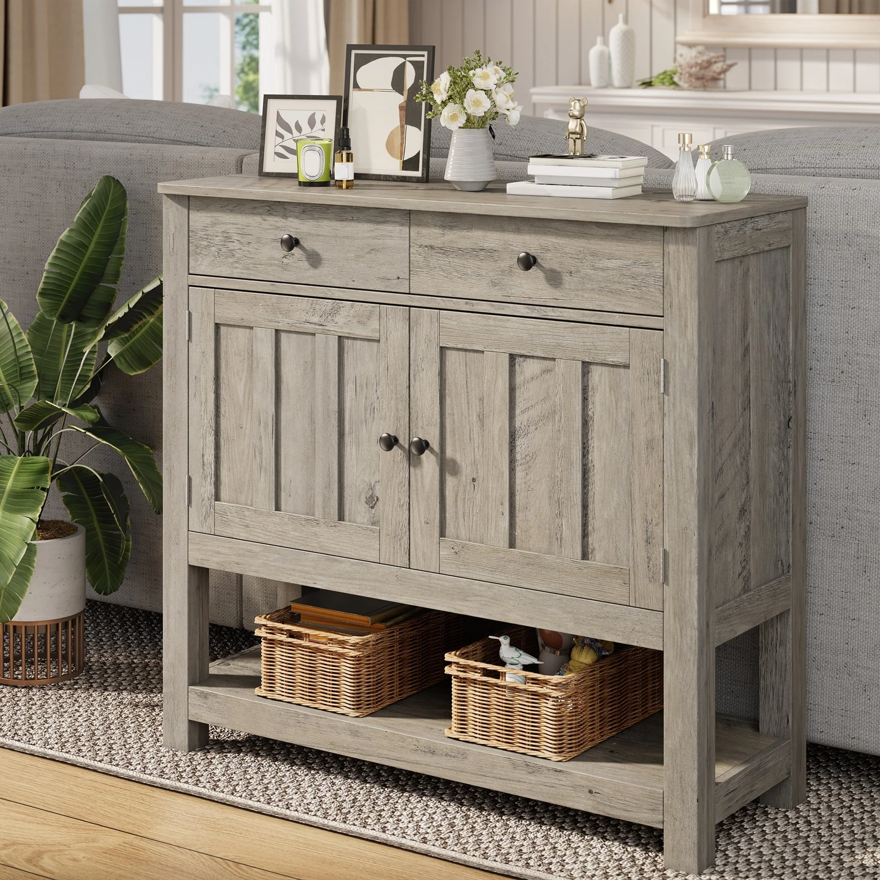 Sofa Table with Open Storage Shelf, Farmhouse Console Table Kitchen Buffet Sideboard with Drawers
