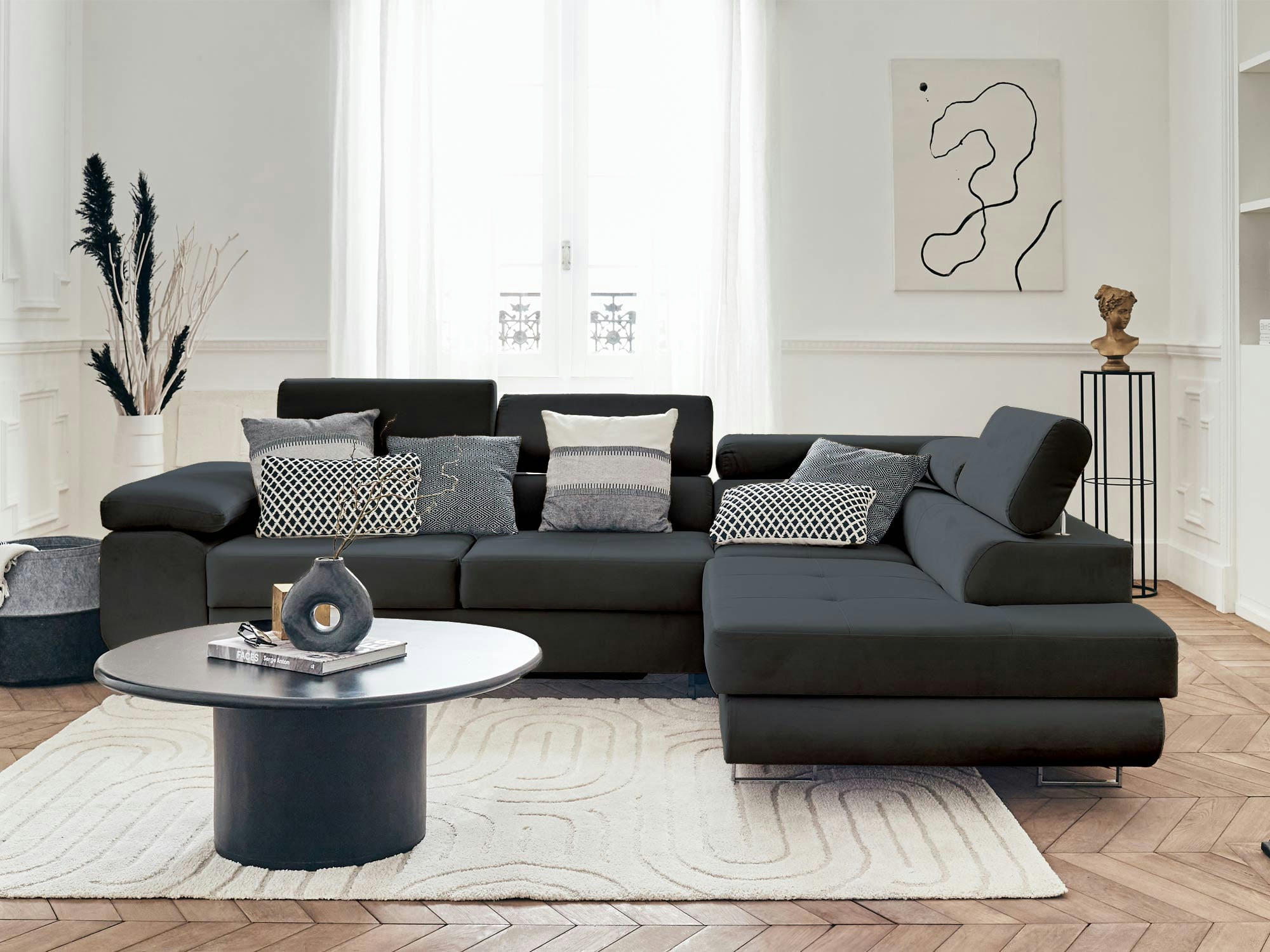 PABLO - Canapé d'angle droit convertible 5 places en velours gris foncé