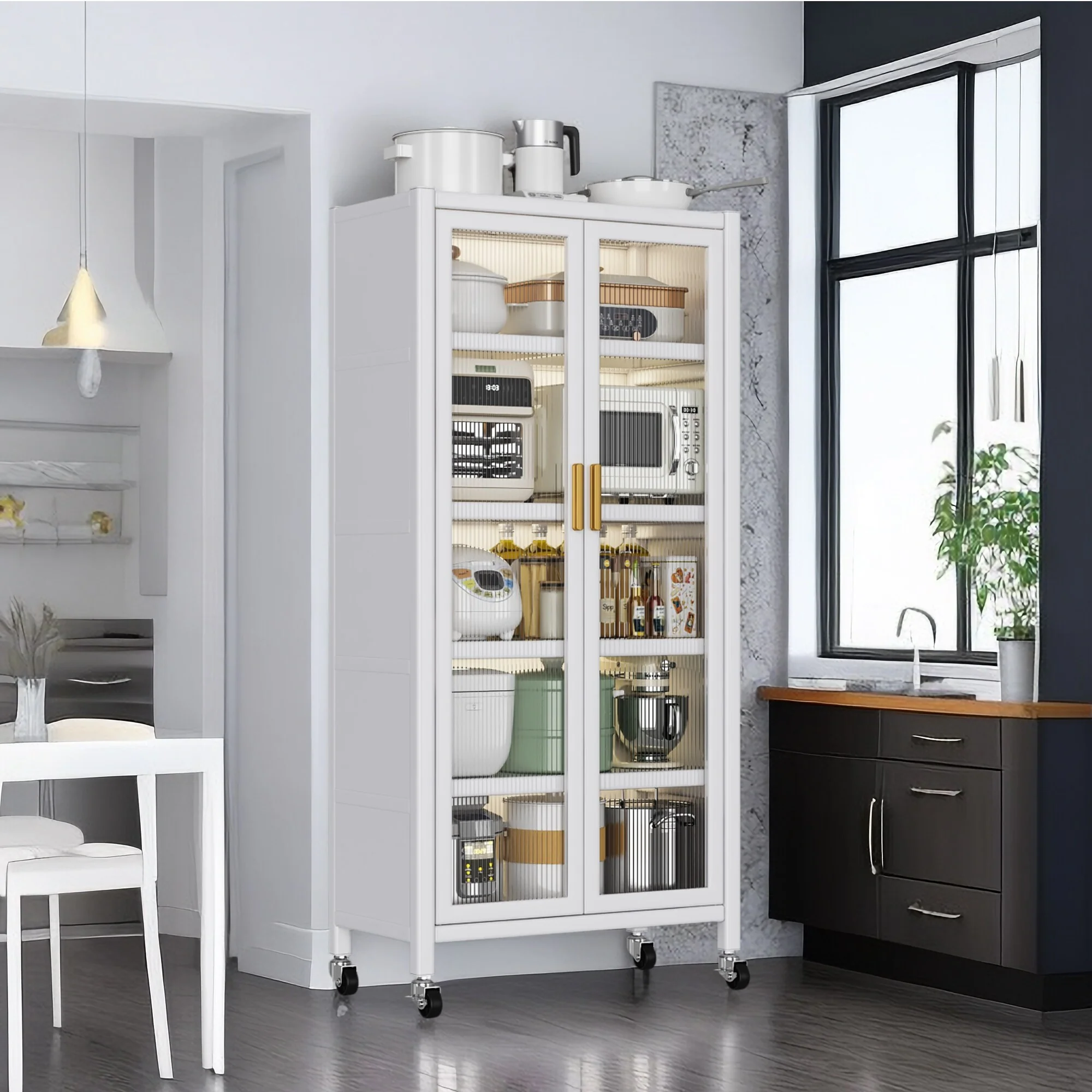 Open-Door Kitchen Storage Cabinet with Brakes and Alloy Universal Wheels, Microwave Oven Storage Cabinet Bowl Side