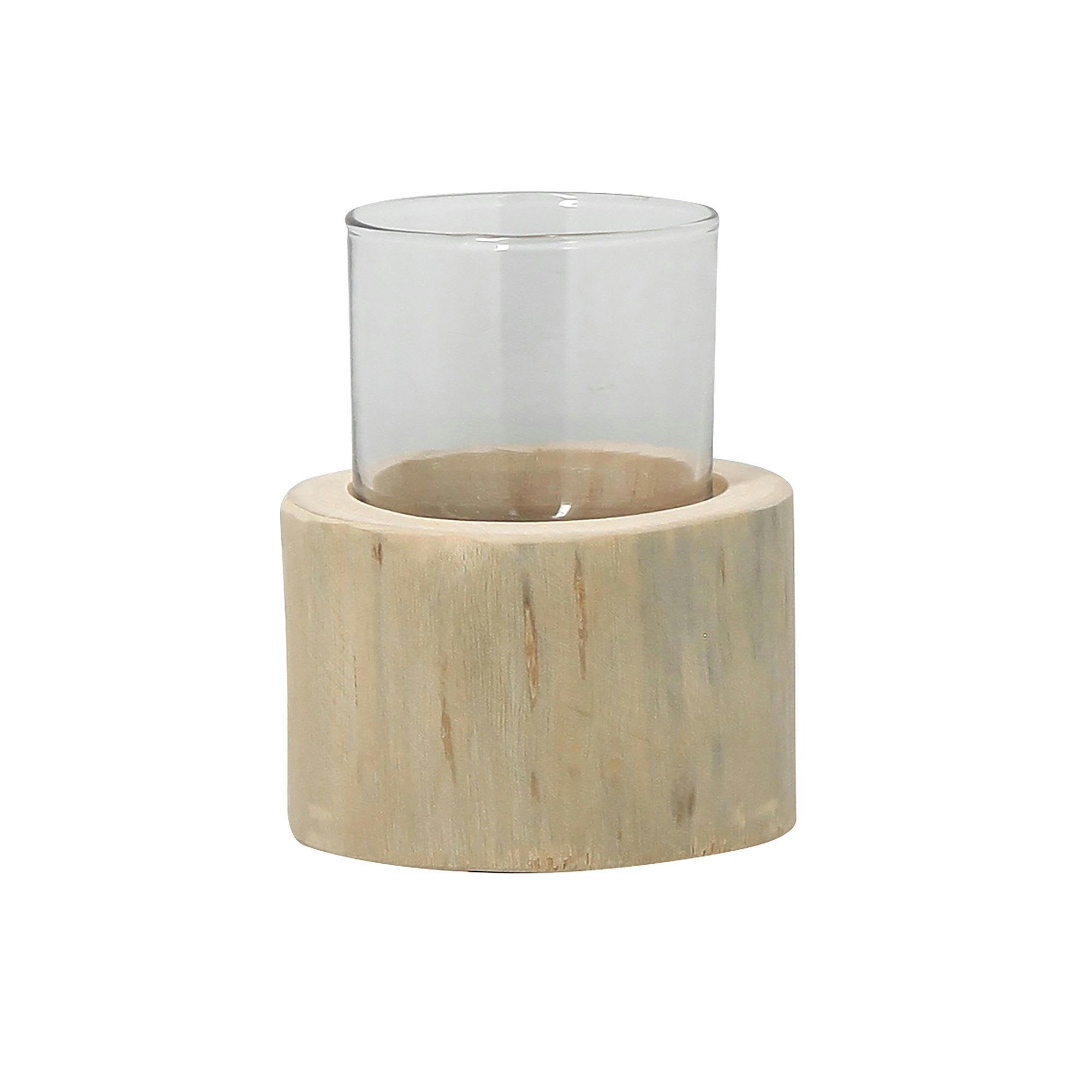 BIAK - Photophore en verre avec base en teck