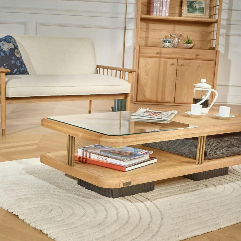 RANDY - Table basse rectangle double plateau en chêne en verre et pieds noirs