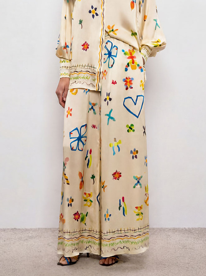Unique Satin Hand-Painted Watercolor Print Wide-Leg Pants