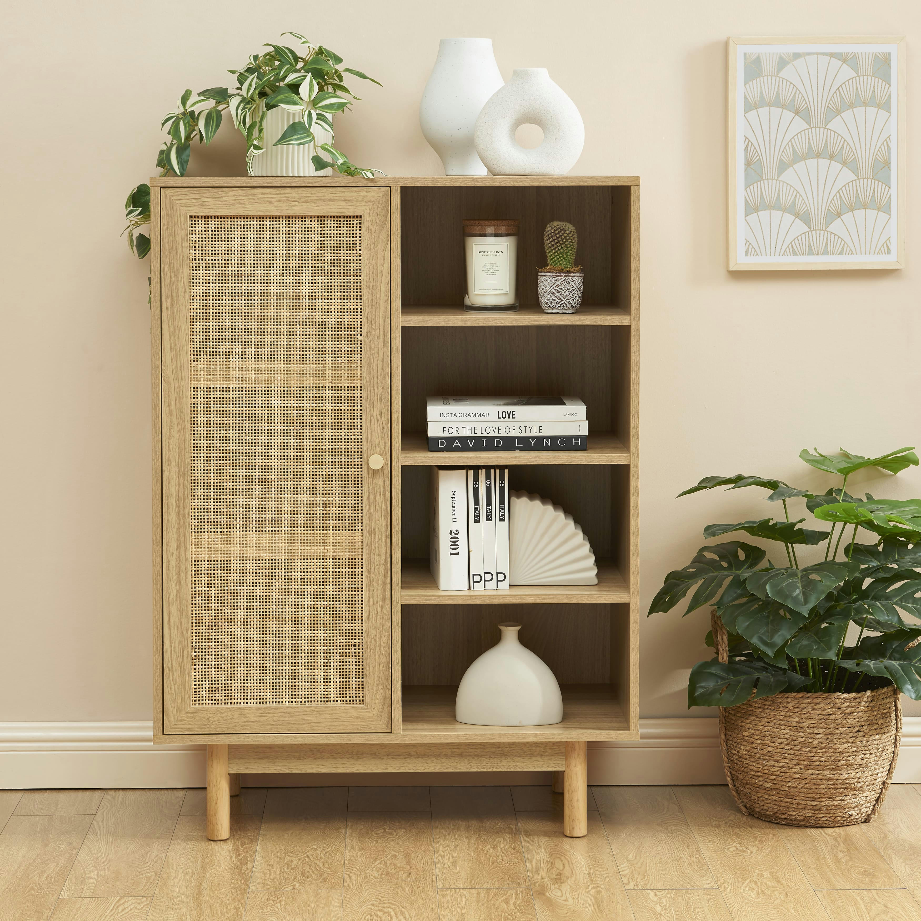 HELENA - Buffet  effet chêne et cannage rotin 1 porte 80 cm