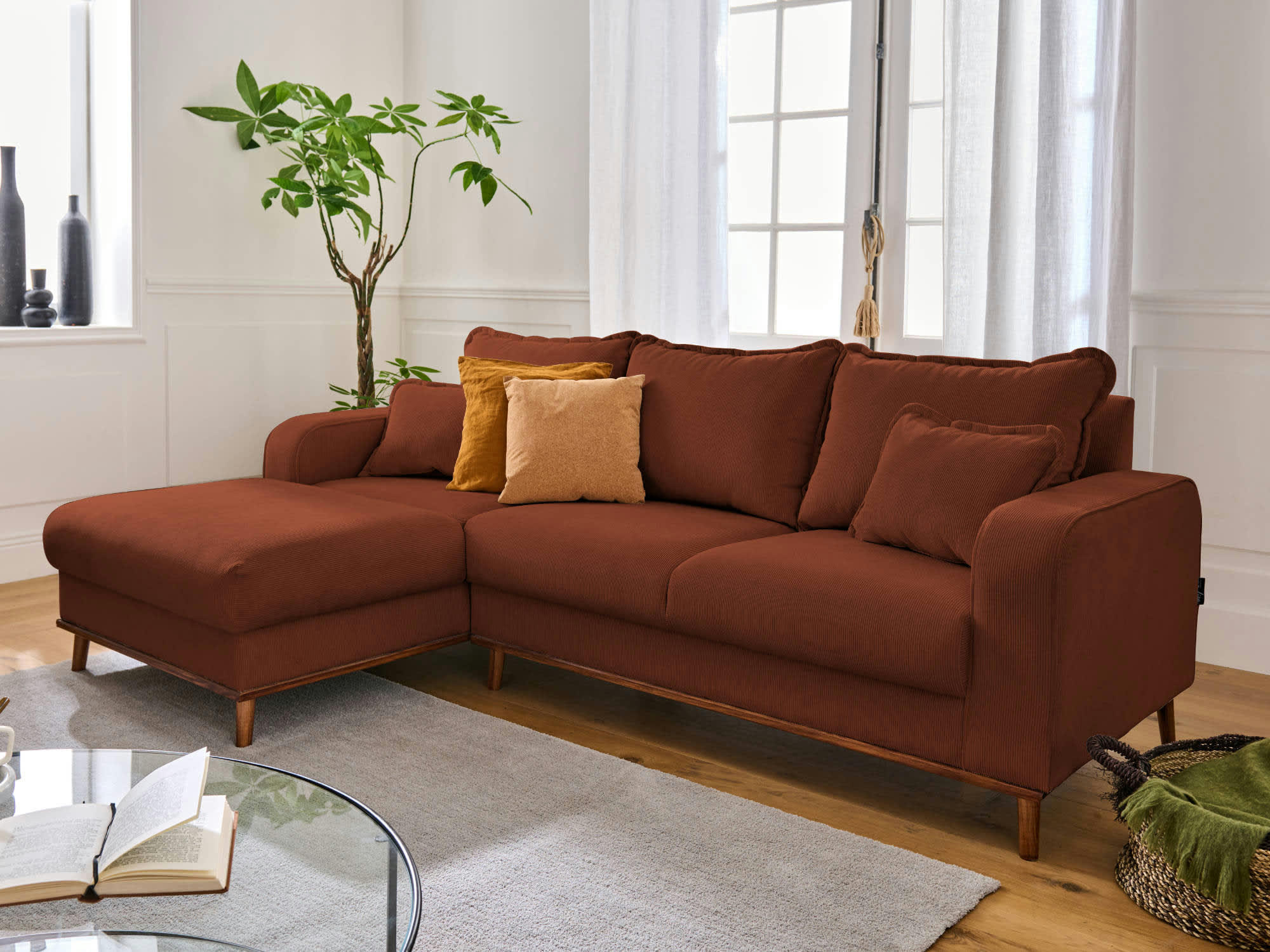 BILLIE - Canapé d'angle gauche 4 places en velours côtelé rouille