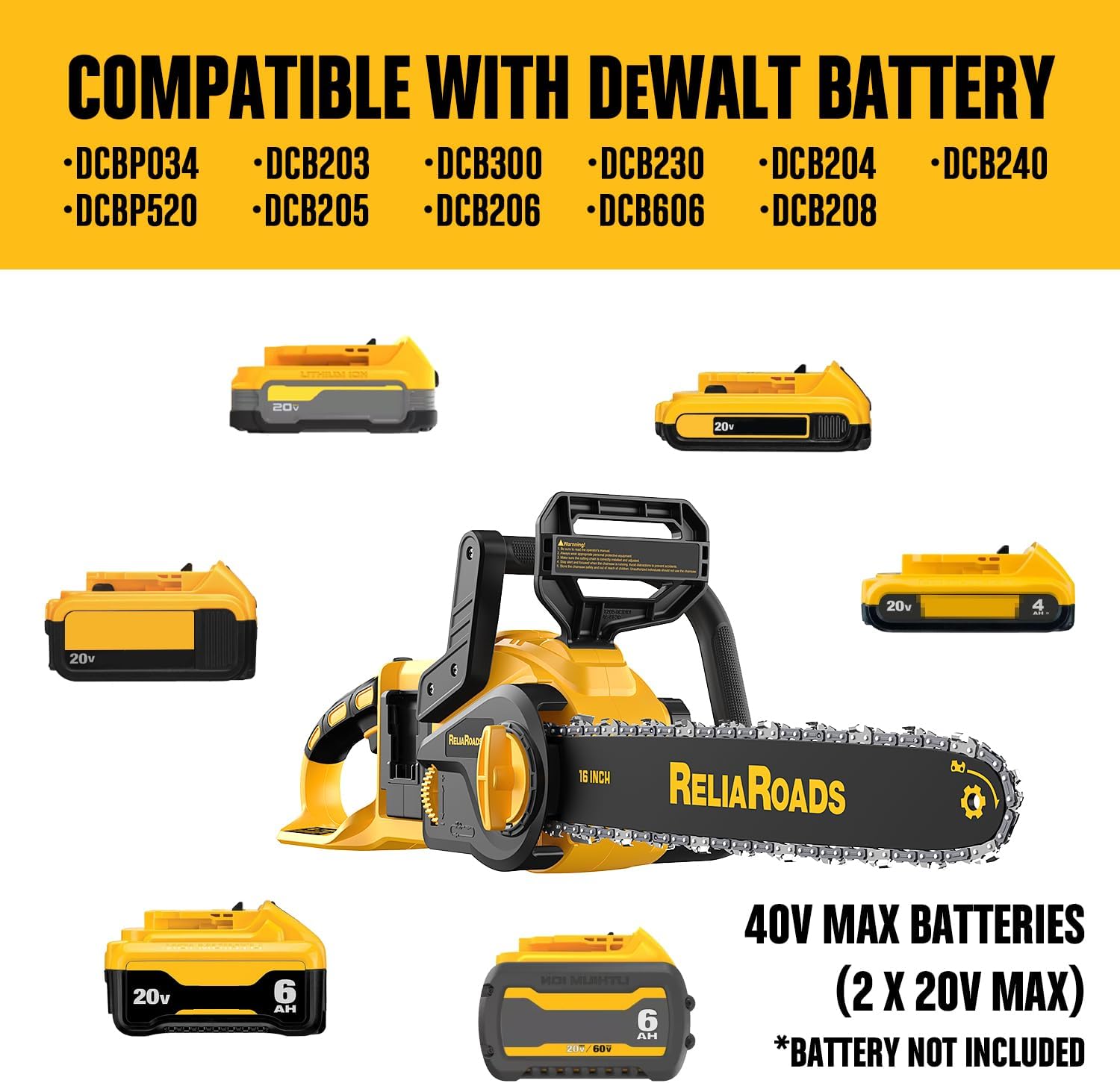 ReliaRoads 16-Inch Brushless Chainsaw, 40V (2 x 20V MAX) Cordless Battery Powered Chain Saw Kit (Includes 2 Chains) Compatible DeWALT Battery for Wood/Tree Cutting and Pruning (Battery Not Included)