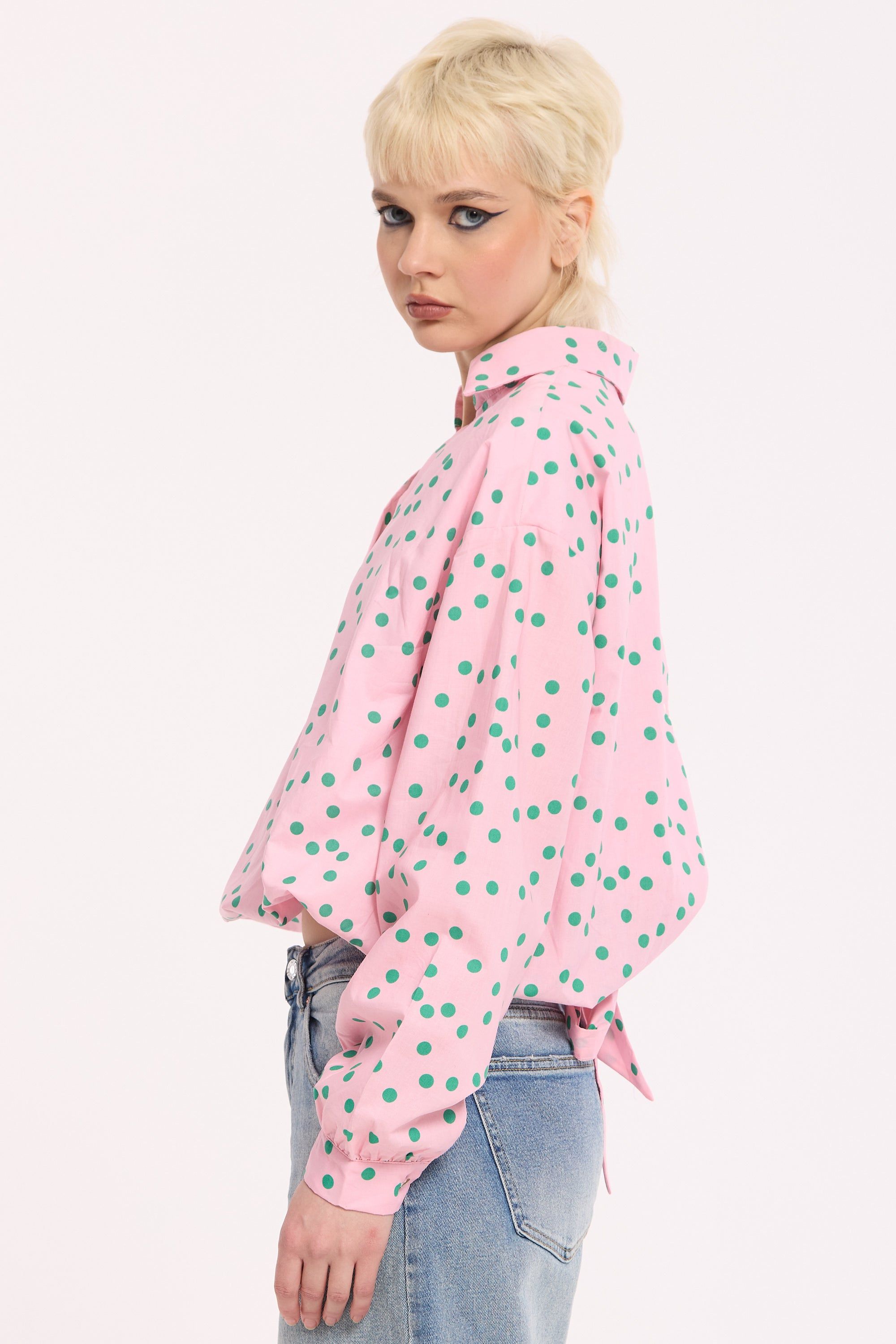 House of Holland Pink Polka Dot Cotton Tie Back Blouse