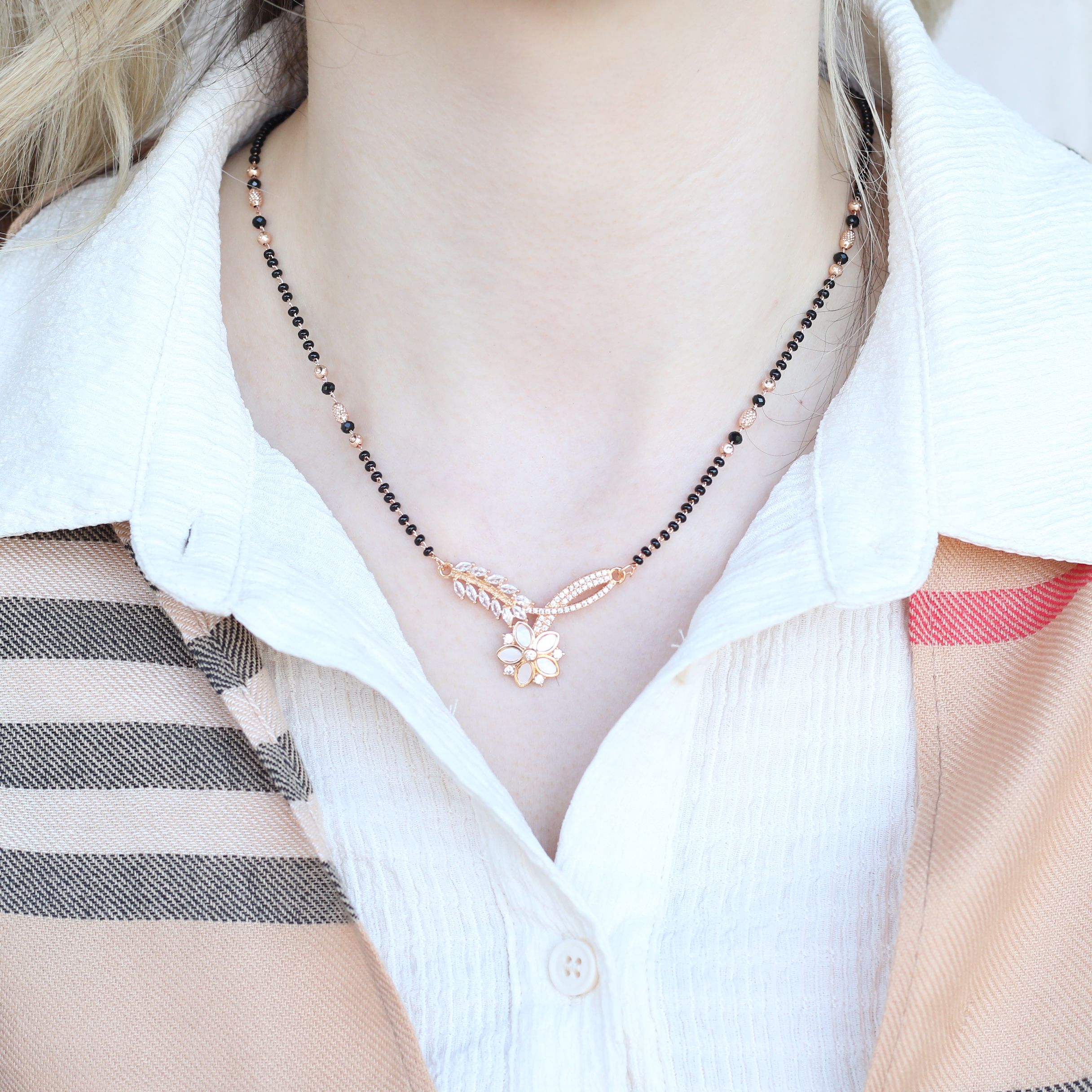 The Colourful Aura Indian Nazaria Rose Gold Zircon Mangalsutra Black Beads Necklace