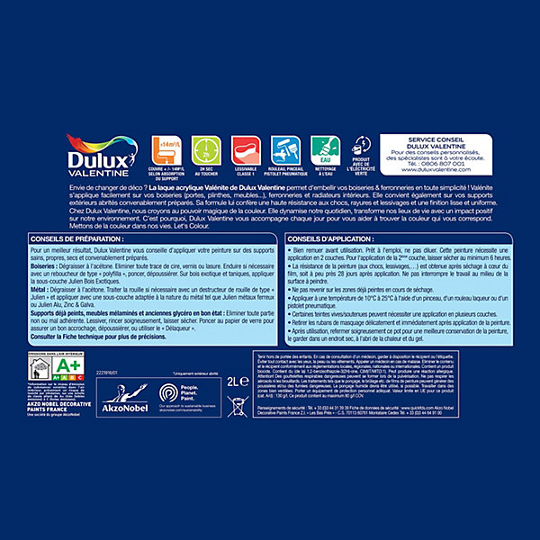 Laque Valénite Dulux Valentine Acrylique brillant blanc lin intense 2L