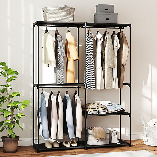 Armoire penderie 3 barres de suspension 4 étagères dim. 142x43x185cm métal pvc non tissé noir