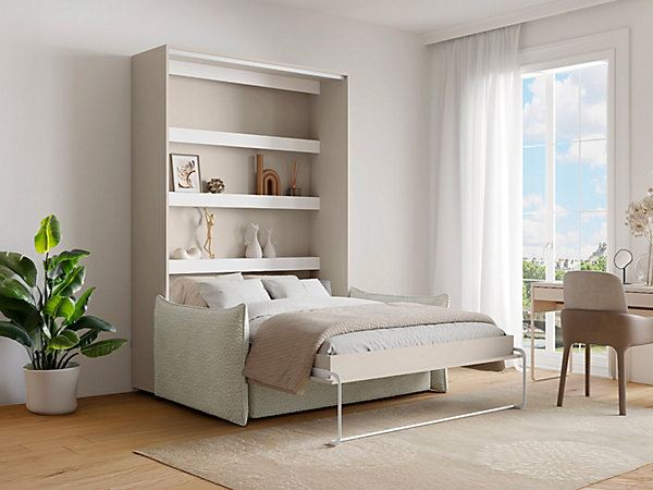 Lit escamotable 140 x 200 cm - Ouverture verticale manuelle - Avec LEDs - Beige   Canapé   Matelas - RAPILI