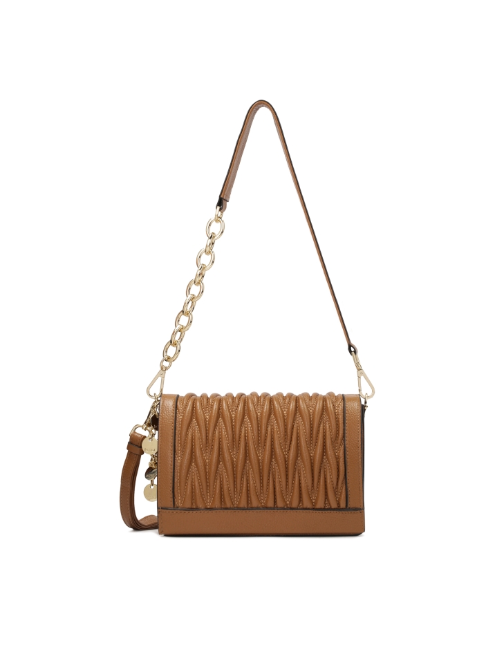 Leather handbag with quilted flap and two straps