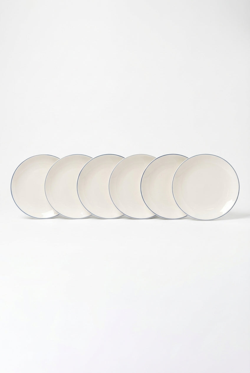 vtwonen - Lunchbord - Wit/Blauw Lijn - Porselein - 23cm - Set van 6