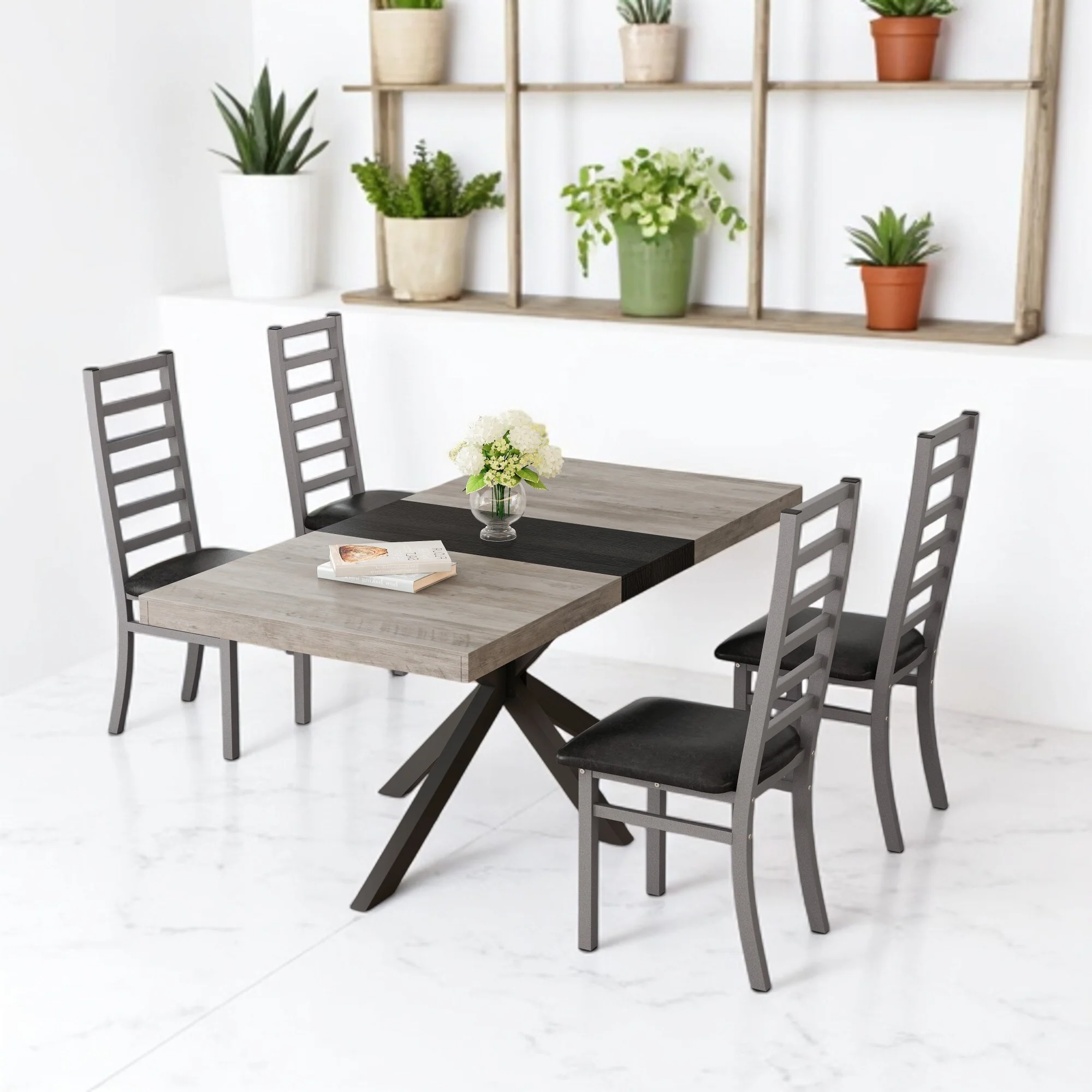 5-Piece Extendable Rectangular Dining Table Set with Storage, High-Back Armless Upholstered Chairs, Metal Frame Kitchen Set