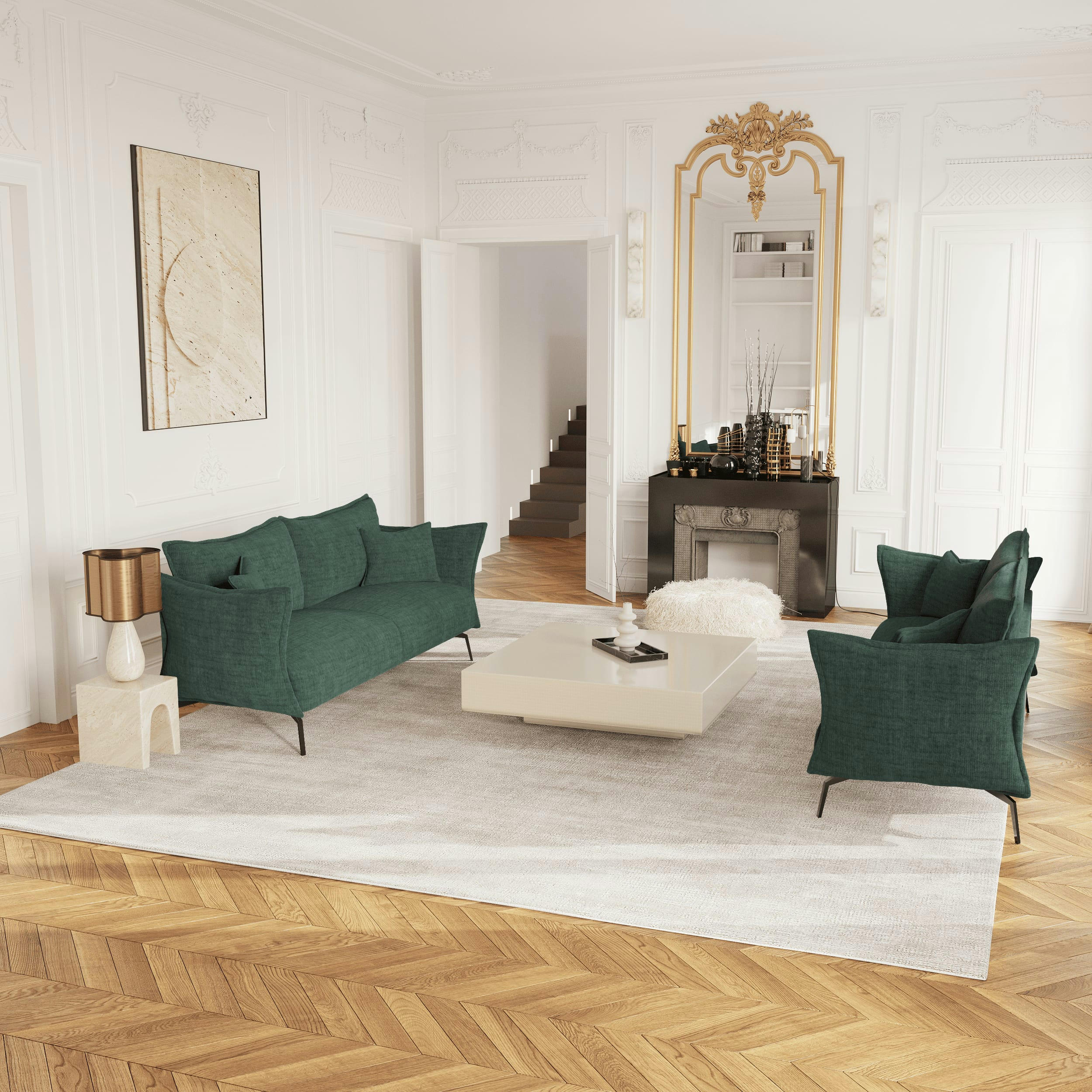 LENNY - Canapé 3 places velours texturé vert émeraude