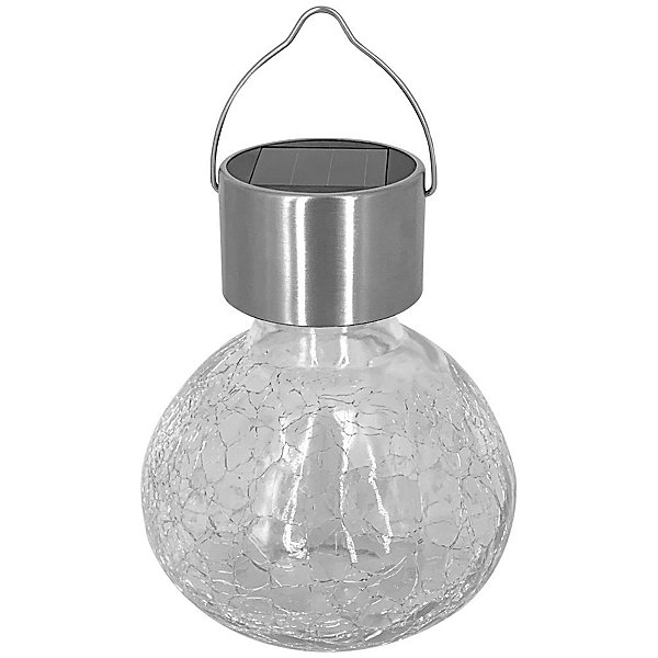Lampion solaire inox avec verre craquelé à suspendre ou à poser- Hauteur 11,5cm- Diamètre 9,5cm- 2 Lumens- Eclairage extérieur