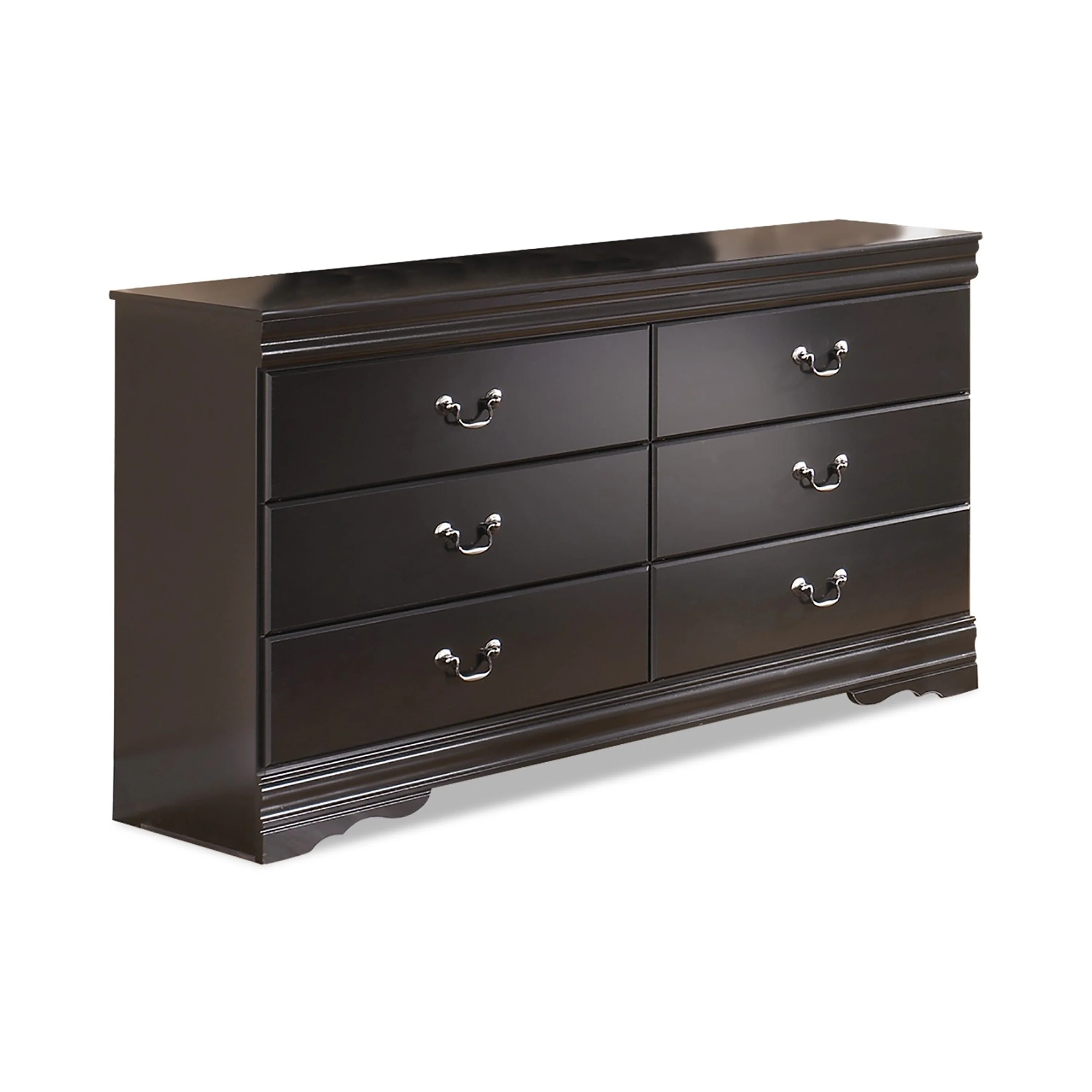 Yara Wide Dresser, Classic Black Finish, 6 Drawers, Pewter Handles