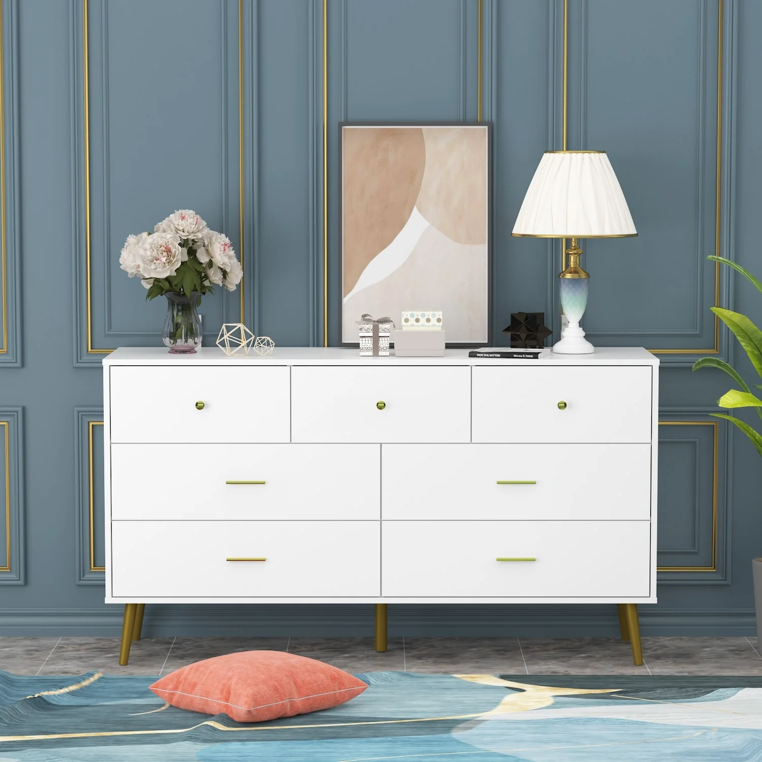 55.9 W Dresser 7 Drawer Storage Chest White/Black Metal Leg Buffet