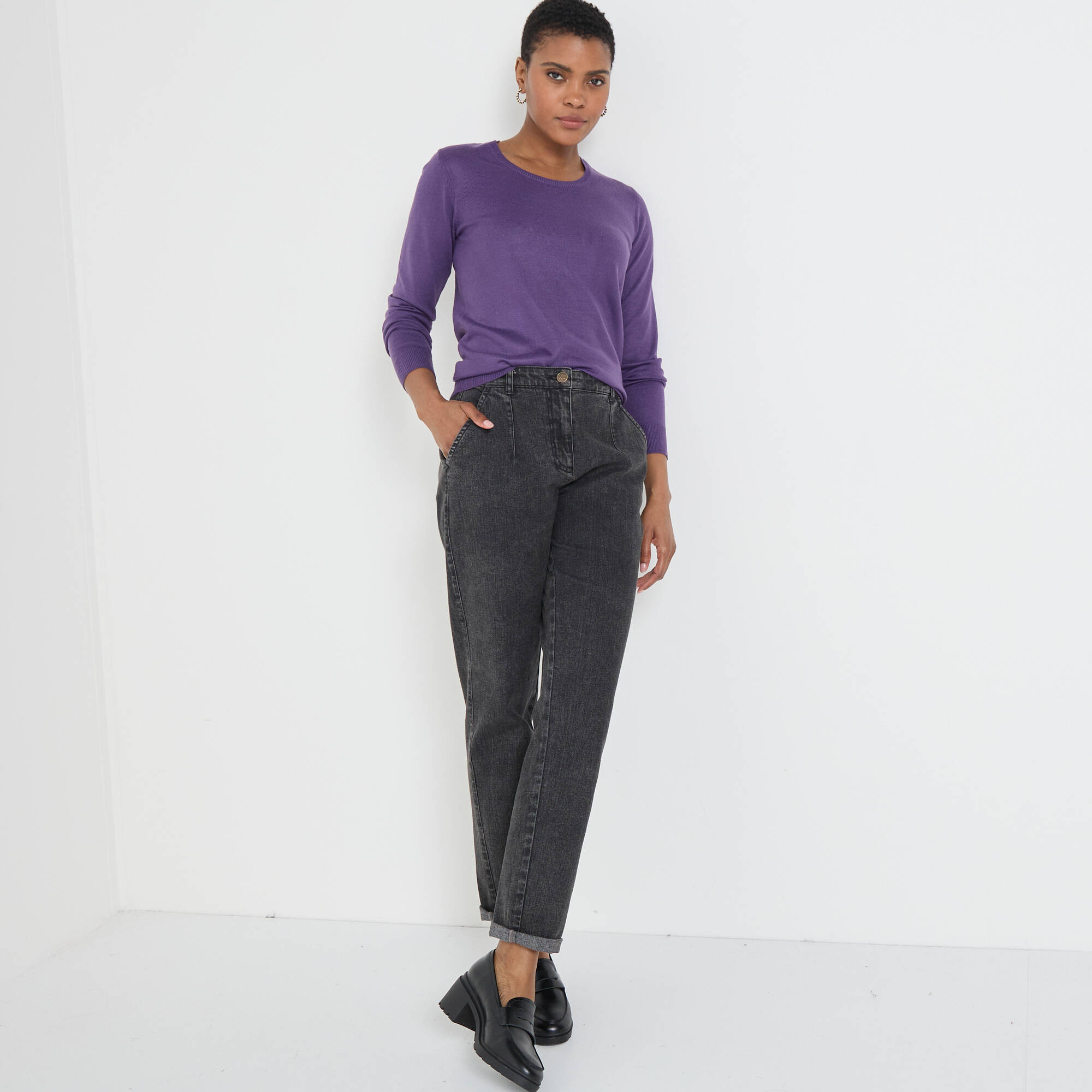 Pull col rond uni, manches longues, toucher doux
