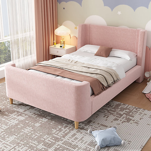 Lit 90x200 cm tapissé velours avec tête de lit style luge, motifs spatiaux enfantins, coloris rose
